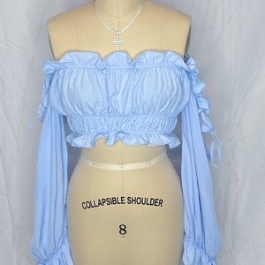 Light blue Cropped Ruffle top with puffer sleeves